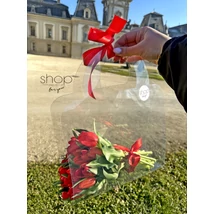 Élethű bimbós tulipán csokor - piros (21 szálas) átlátszó virágtáskában