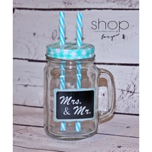 Mrs. and Mr. feliratos limonádés bögre dupla szívószállal - kék