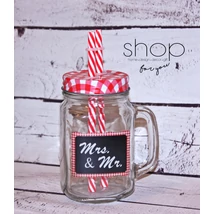 Mrs. and Mr. feliratos limonádés bögre dupla szívószállal - piros