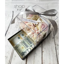 Fiókos akril rózsás mályva-barack virágbox, szürke színű díszdobozban