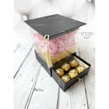 Ballagási fiókos fekete-arany virágbox - rózsaszín virággal