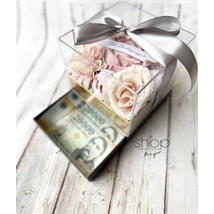 Fiókos akril mályva-barack virágbox, szürke színű díszdobozban