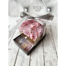 Fiókos akril rózsaszín virágbox, szürke színű díszdobozban