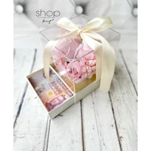 Fiókos akril rózsaszín rózsás virágbox, fehér színű díszdobozban