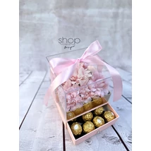 Fiókos akril rózsaszín dália virágbox, rózsaszín színű díszdobozban 