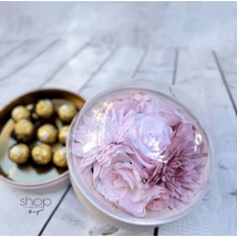 Búrás nagy rózsaszín rózsás virágbox, rózsaszín tartóval az alján